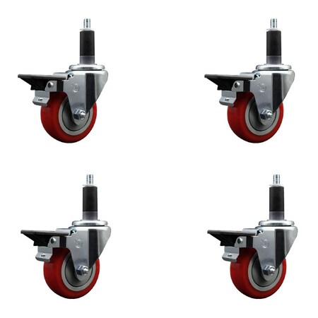 Service Caster 3.5'' Red Poly Swivel 1-1/8'' Expanding Stem Caster Set with Brake, 4PK SCC-EX20S3514-PPUB-RED-PLB-118-4